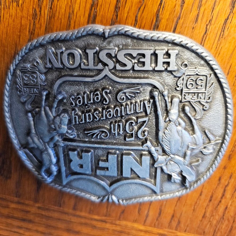 Hesston NFR 25th Anniversary Belt Buckle 1959-1983 First Edition Rodeo Pewter